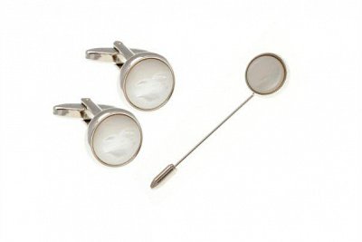 Set luxusních manžetových knoflíčků a špendlíku z přírodní bílé perleti