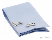 Stříbrné manžetové knoflíčky s firemním logem Plastika vyrobené na zakázku