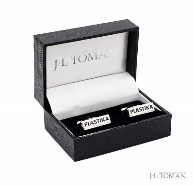 Stříbrné manžetové knoflíčky s firemním logem Plastika vyrobené na zakázku